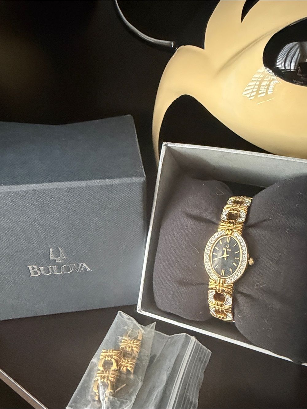 Bulova Gold-Tone Bracelet Watch with Black Dial and Crystal Accents